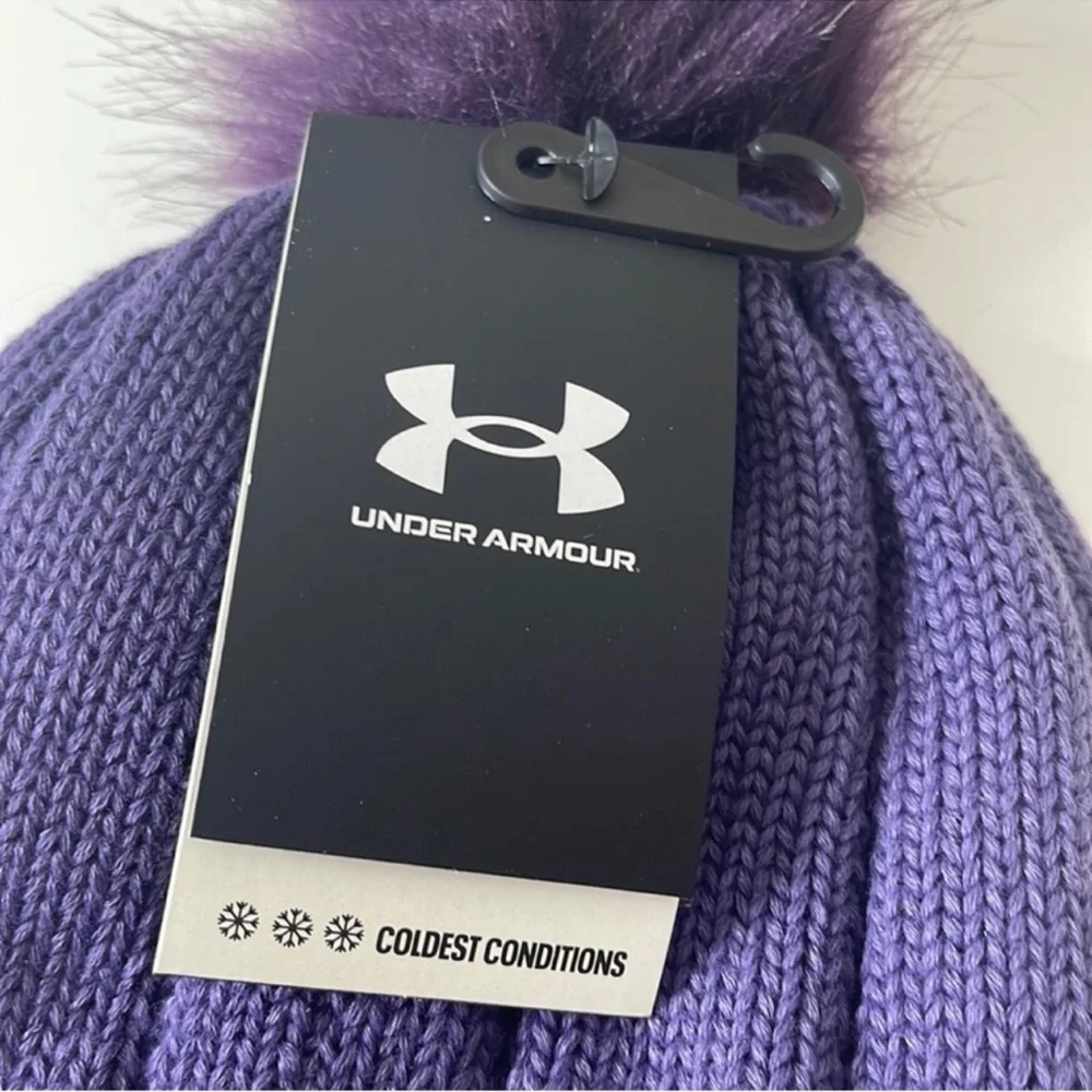 Under Armour UA Coldgear Infrared Around Town Beanie Hat with Pom Purple